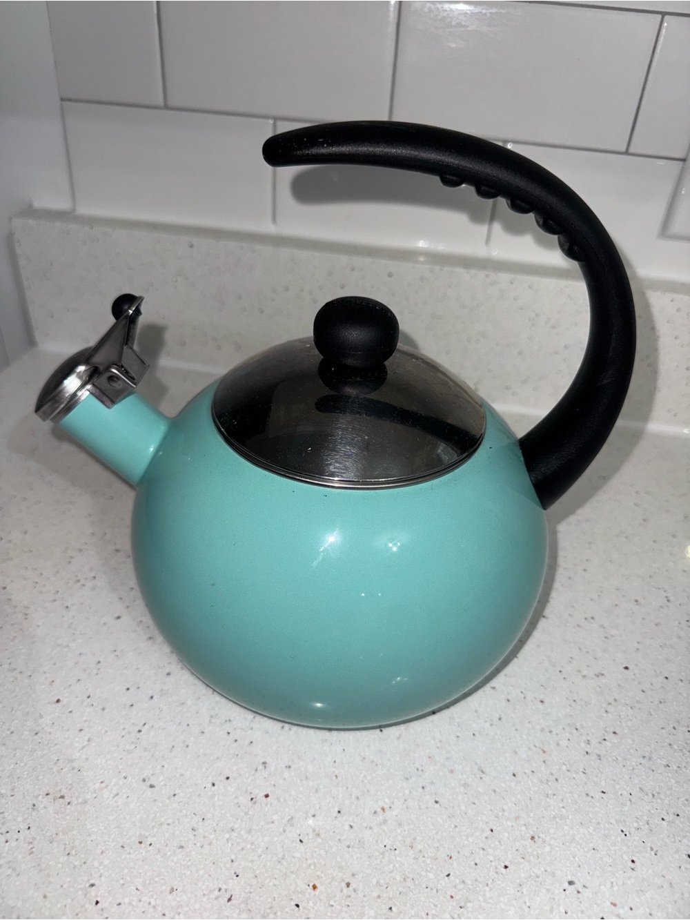 Farberware Aqua Teal Whistling Stovetop Kettle with Black Handle
